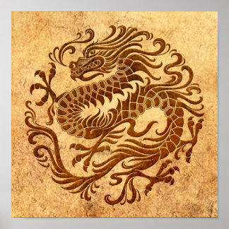 伝統的ヴィンテージ擦り切れた中国のドラゴンサークル ポスター
