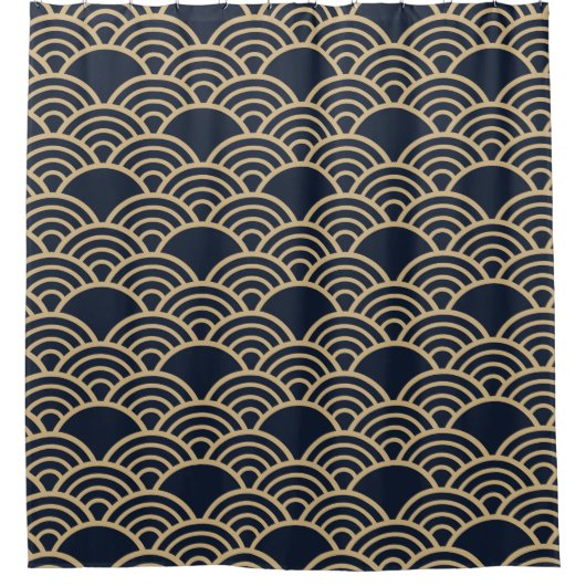 伝統的ヴィンテージ日本のデザインファンまたは波 シャワーカーテン (正面)