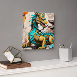 伝統的中国の中国の龍 スクエア壁時計