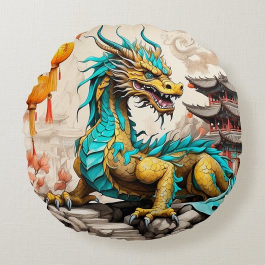 伝統的中国の中国の龍 ラウンドクッション (正面)