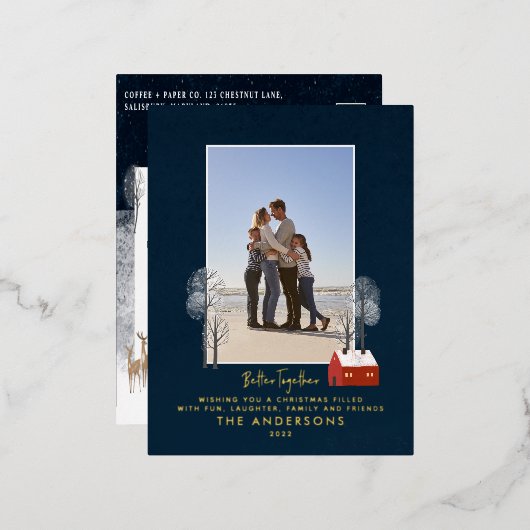 伝統的写真エレガント素朴な冬の雪シック 箔シーズンポストカード (正面/裏面)