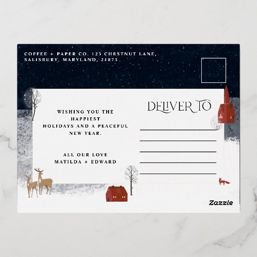 伝統的写真エレガント素朴な冬の雪シック 箔シーズンポストカード (裏面)