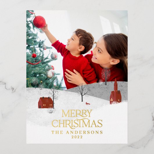 伝統的写真エレガント素朴な冬の雪シック 箔シーズンポストカード (正面)