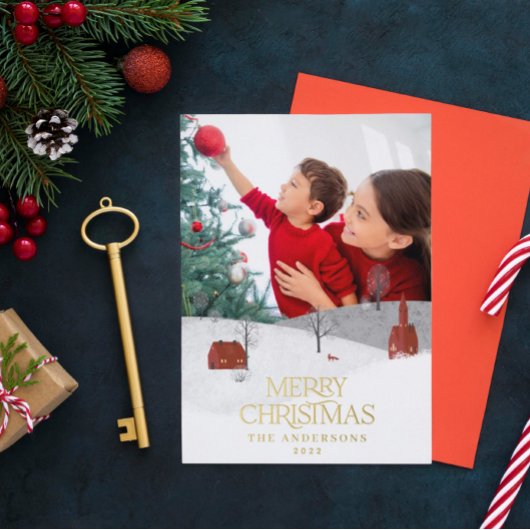 伝統的写真エレガント素朴な冬の雪シック 箔シーズンポストカード