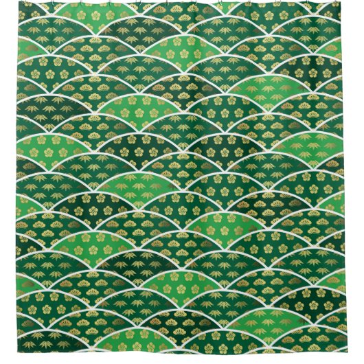 伝統的日本のな吉祥模様の緑 シャワーカーテン (正面)