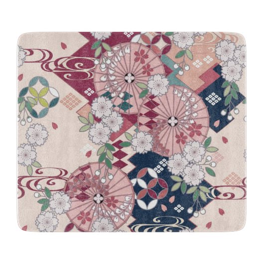 伝統的日本のフローラ桜ピンクガラス カッティングボード (正面)