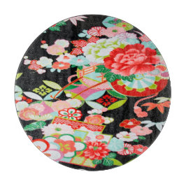 伝統的日本のフローラ花黒赤ガラス カッティングボード