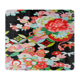 伝統的日本のフローラ花黒赤ガラス カッティングボード