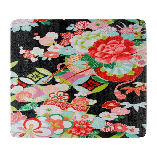 伝統的日本のフローラ花黒赤ガラス カッティングボード (正面)