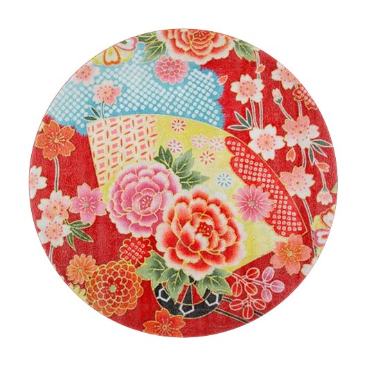 伝統的日本のフローラ赤黄色ガラス カッティングボード (正面)