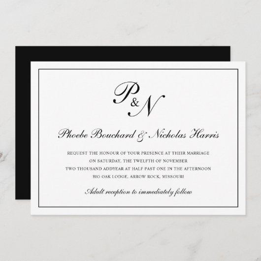 伝統的白黒モノグフォーマルラム結婚ズ 招待状 (正面/裏面)