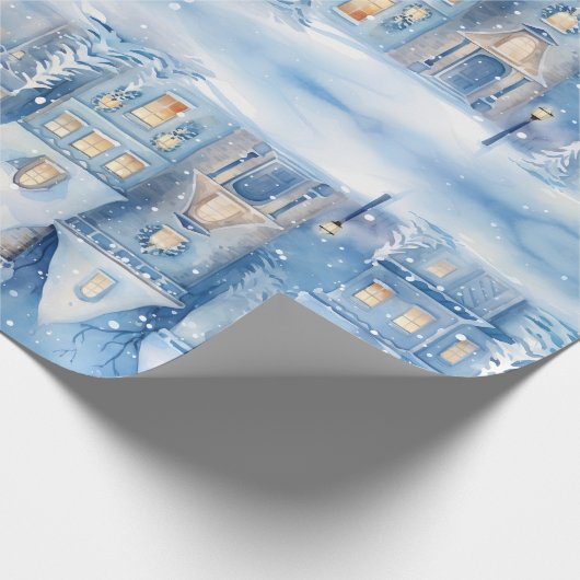 伝統的素朴冬シティブルークリスマス ラッピングペーパー (角)