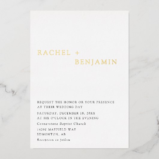 伝統的結婚ミニマル金箔エレガント 箔招待状 (正面)