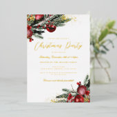 伝統的金ゴールドの輝く葉クリスマスパーティー 箔招待状 (立ち正面)