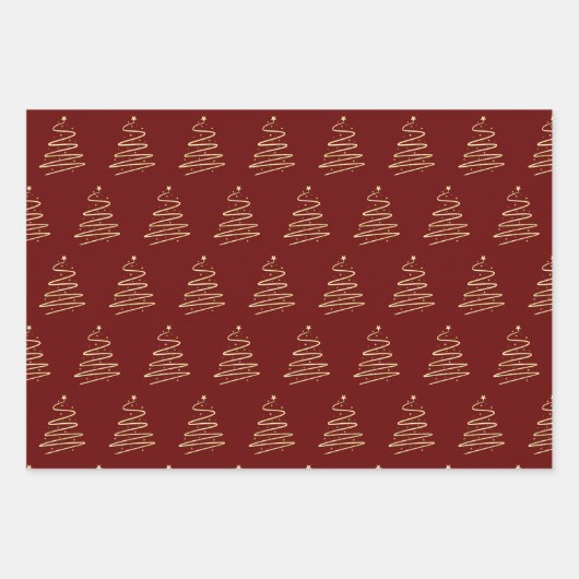 伝統的金ゴールドメタリックのクリスマスツリー深い赤 ラッピングペーパーシート (正面)