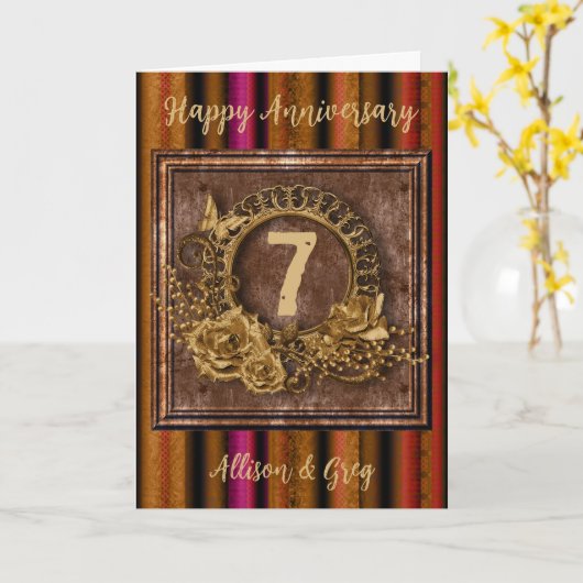 伝統的銅七周年記念の記念写真 カード (黄色い花)