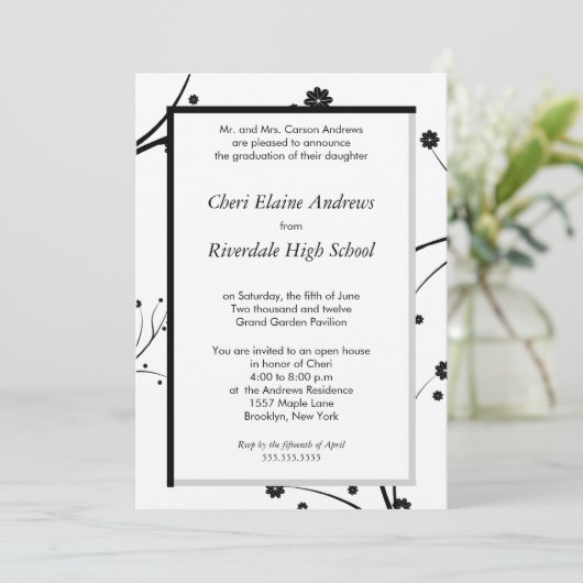 伝統的黒い花の卒業の招待 招待状 (スタンド正面)