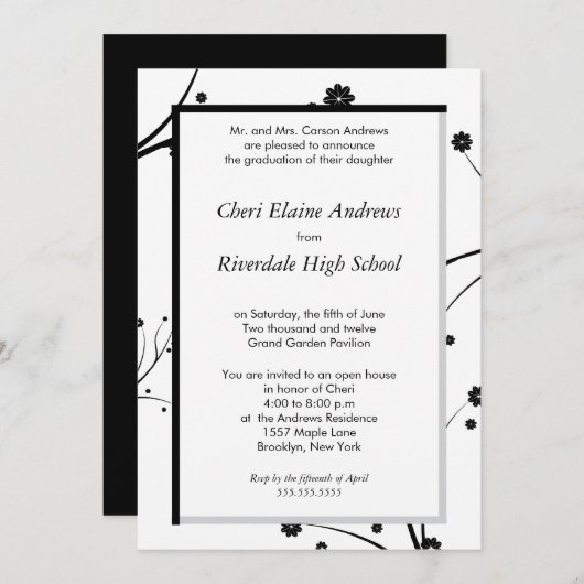 伝統的黒い花の卒業の招待 招待状 (正面/裏面)