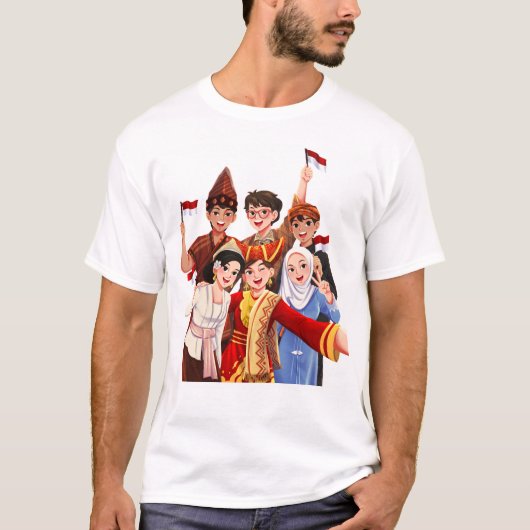 伝統衣装でセルフィーするインドネシアの人々 Tシャツ (正面)