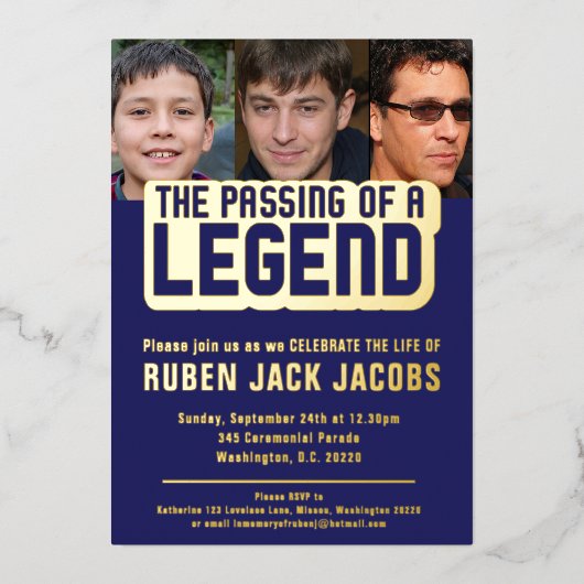 伝説の葬儀の写真の青の記念碑の通過 箔招待状 (正面)