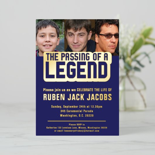 伝説の葬儀の写真の青の記念碑の通過 箔招待状 (立ち正面)