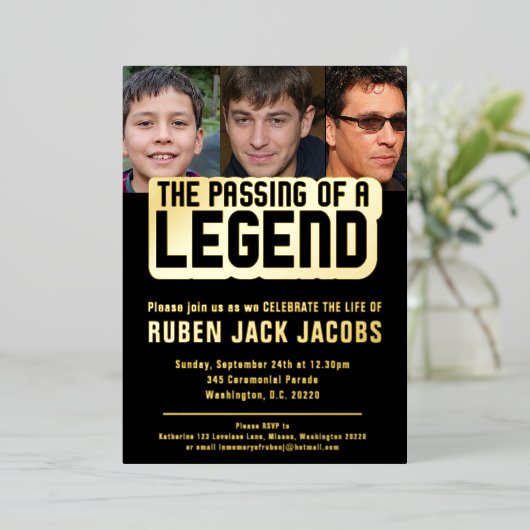 伝説の葬儀の通過ブラック金ゴールドメモリアル 箔招待状 (立ち正面)