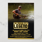 伝説の葬儀の通過ブルーグレー金ゴールドメモリアル 箔招待状 (正面)