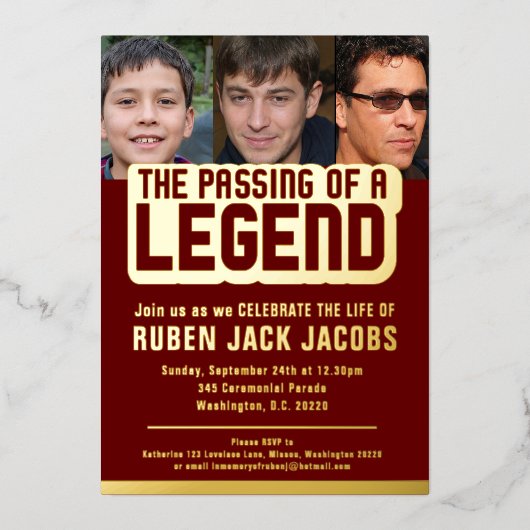 伝説の葬儀ダークレッド記念箔の通過 箔招待状 (正面)