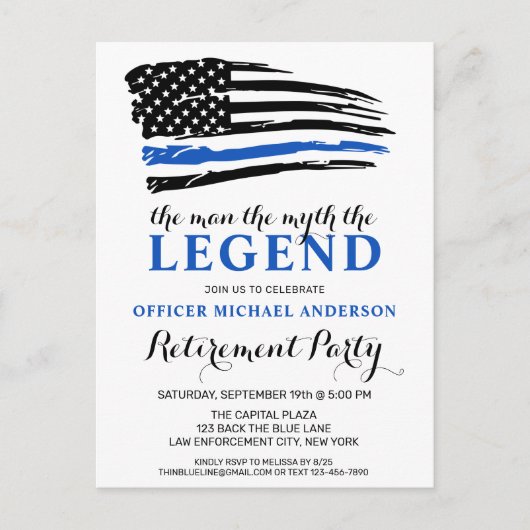 伝説の警察の細い青い線の退職 インビテーションポストカード (正面)