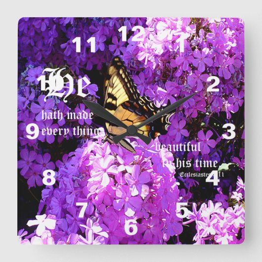 伝道の書3章11節とアゲハ蝶とフロックス スクエア壁時計 (正面)