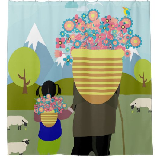 伯爵の祖母と孫娘歩く シャワーカーテン (正面)