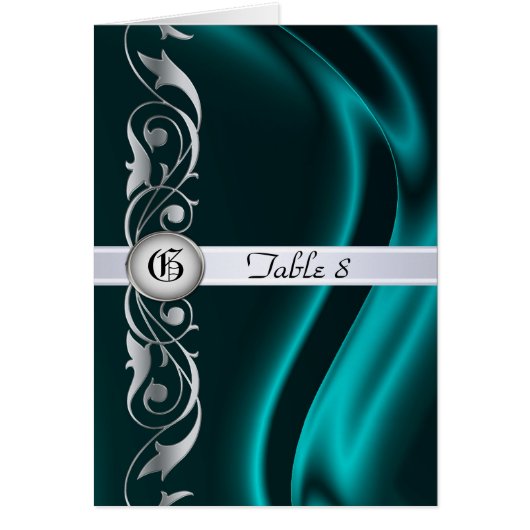 伯爵夫人のティール（緑がかった色）絹の銀製スクロールテーブルカード (正面)