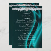 伯爵夫人のティール（緑がかった色）絹の銀製スクロール結婚式メニュー メニュー (正面/裏面)