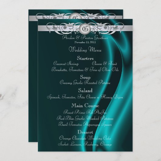 伯爵夫人のティール(緑がかった色)絹の銀製スクロール結婚式メニュー メニュー (正面/裏面)