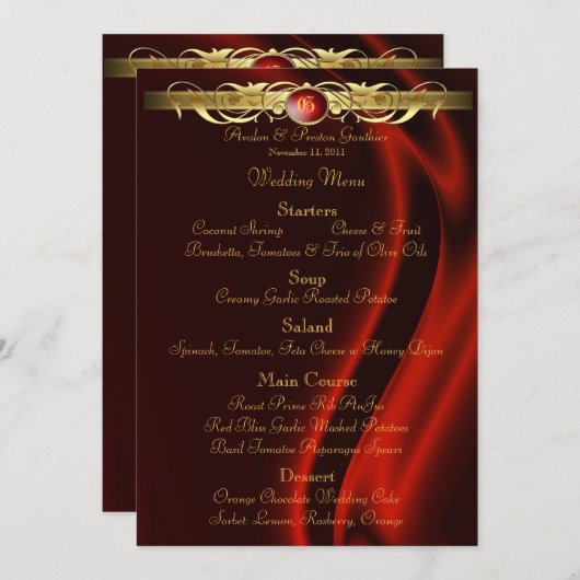 伯爵夫人の赤い絹の金ゴールドスクロール結婚式メニュー メニュー (正面/裏面)