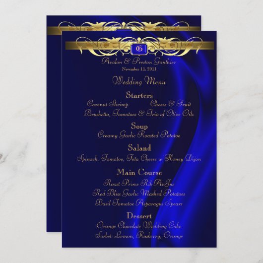 伯爵夫人の青い絹の金ゴールドスクロール結婚式メニュー メニュー (正面/裏面)