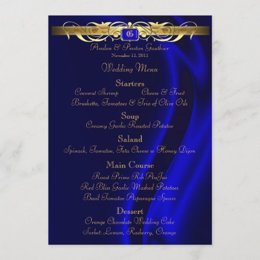 伯爵夫人の青い絹の金ゴールドスクロール結婚式メニュー メニュー (正面)