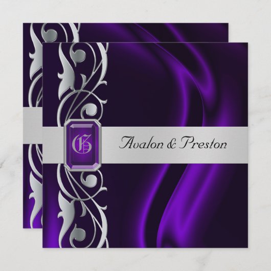 伯爵夫人紫色の絹の銀製スクロール真珠の招待状 招待状 (正面/裏面)