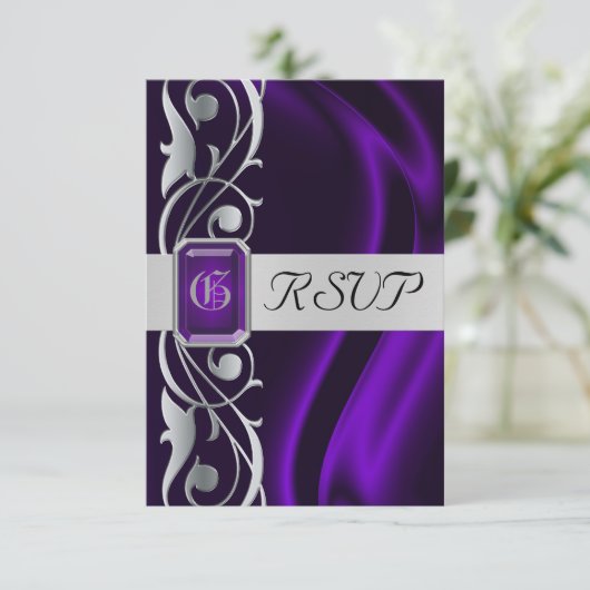 伯爵夫人紫色の絹の銀製スクロール真珠Rsvp 出欠カード (スタンド正面)