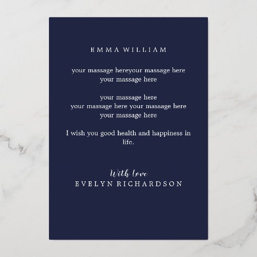 伯父に昇格/シックハートネイビーブルー金ゴールド 箔招待状 (裏面)