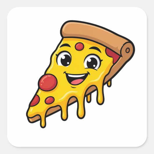 伸びるチーズがキュートな幸せなピザスライス スクエアシール (正面)