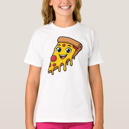 伸びるチーズがキュートな幸せなピザスライス  Tシャツ (正面)
