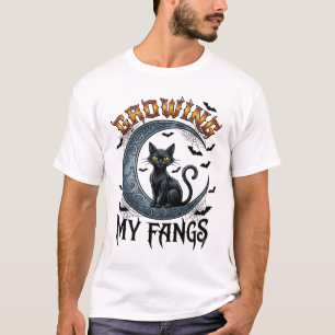 伸びる牙 黒猫 三日月 コウモリ ハロウィン Tシャツ