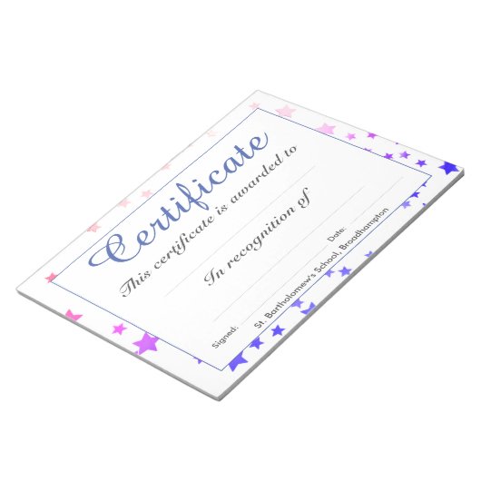 低コストの学校証明書シート ノートパッド (アングル)