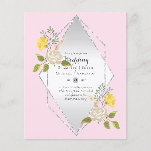低バジェット白バラ黄色の花結婚式の招待 (正面)