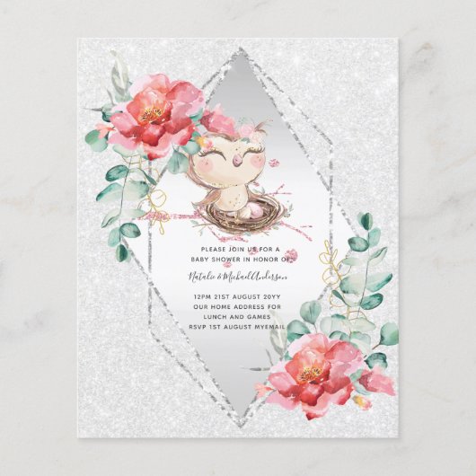 低予算ベビーシャワー招待状ピンクフクロウかわいい チラシ (正面)