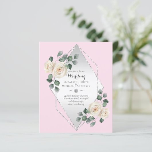 低予算ホワイトローズダイヤモンドフレームウェディング招待 (スタンド正面)