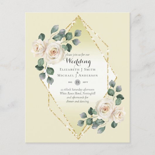 低予算ホワイトローズダイヤモンドフレームウェディング招待 チラシ (正面)