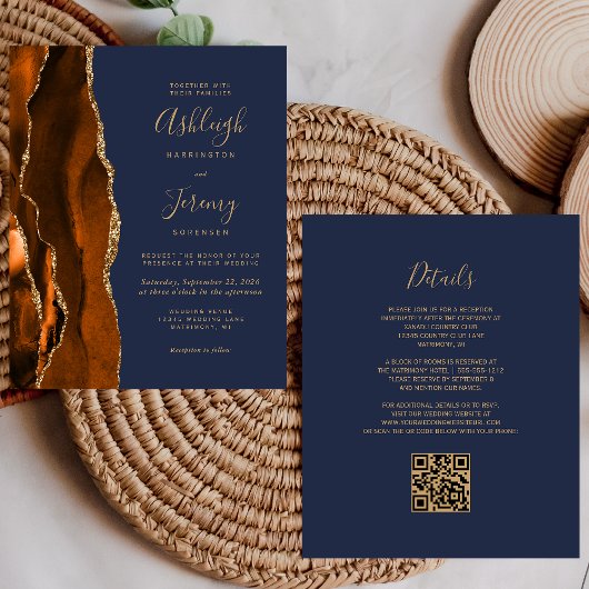 低予算 結婚式 二次会 ウェディング 招待状 QRコード Rust Gold Navy Blue