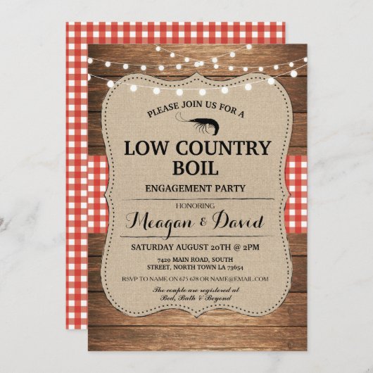 低国沸騰婚約パーティ赤チェック 招待状 (正面/裏面)